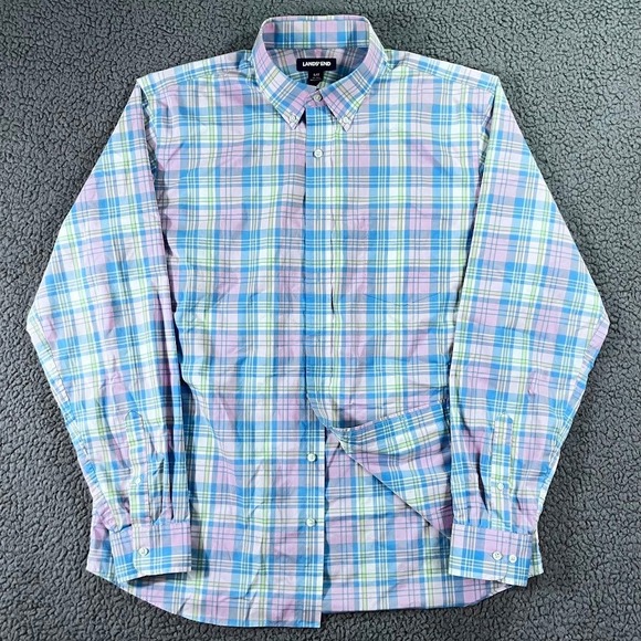 Lands' End Other - Lands End Mens Tall Large L/T Plaid Button Down Shirt Blue Pink Cotton Poplin